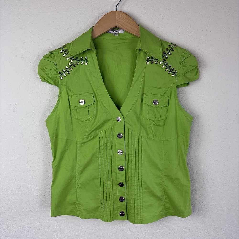 Y2K Size L Babydoll Blouse Rhinestone Button Up Fitted Green Office Western